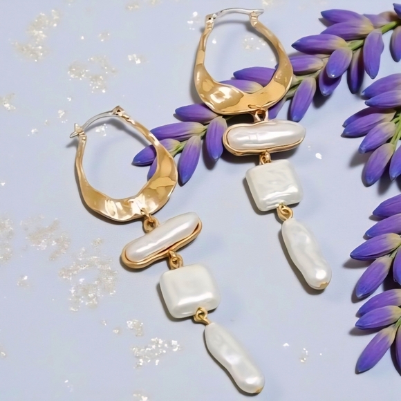 Gold Pearl Drop Earrings, Statement Dangle Earrings, Boho Chic Bridal Jewelry - Picture 7 of 14